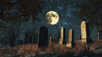 Wall Mural - a spooky graveyard scene with a full moon casting long shadows over the tombstones