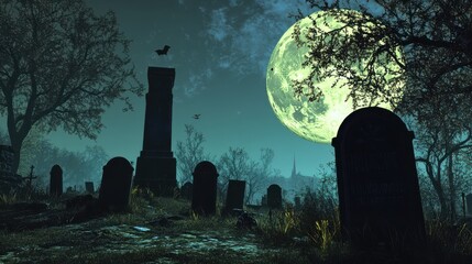 Wall Mural - a spooky graveyard scene with a full moon casting long shadows over the tombstones