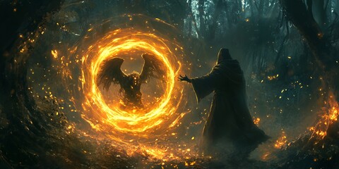 A hooded figure casts a spell, summoning a fiery creature with wings in a dark forest.