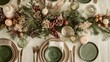 © netrun78 - Eco-friendly Christmas table setting featuring upcycled materials, a centerpiece of dried flowers and herbs, and a muted earth tone palette with natural greens for a festive celebration