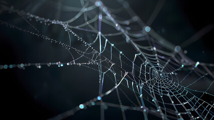  abstract background of an intricate spider web with delicate, shimmering silver threads against a dark, misty backdrop