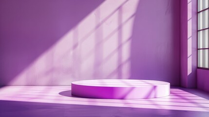 Wall Mural - Purple themed studio with podium showcasing products in an empty room with window shadows. Blurred background for product display.