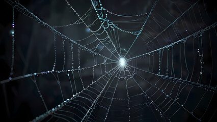  abstract background of an intricate spider web with delicate, shimmering silver threads against a dark, misty backdrop