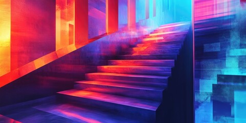 Wall Mural - Abstract Neon Staircase with Red and Blue Lights