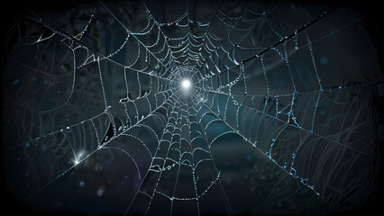 abstract background of an intricate spider web with delicate, shimmering silver threads against a dark, misty backdrop