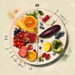 Colorful fruits and vegetables arranged on a plate with handwritten notes and a fork.