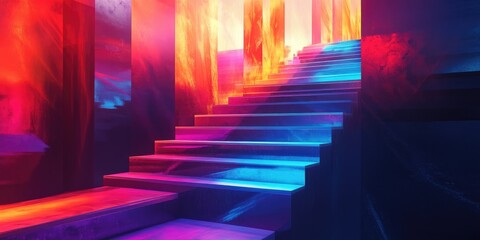 Canvas Print - Neon-Lit Staircase in a Colorful Abstract Room