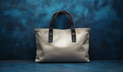 Wall Mural - A white canvas tote bag with leather handles against a blue background.