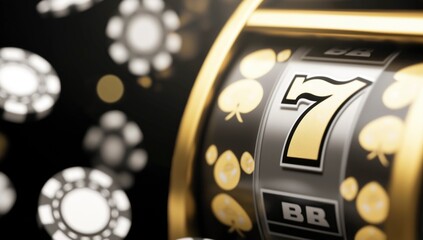 3D rendering of a golden slot machine with a 7 symbol and casino chips flying around on a dark background. online gambling, real money hover element.