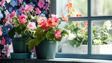 Canvas Print - Colorful Geranium Flowers on Window Sill with Floral Wallpaper