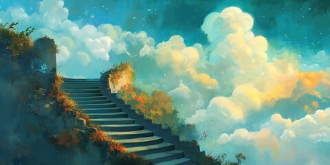 Canvas Print - A Staircase Ascending into a Sky Filled with Clouds