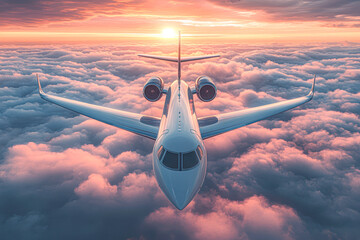 Poster - A white jet plane flying through a cloudy sky with a sunset in the background