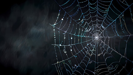  abstract background of an intricate spider web with delicate, shimmering silver threads against a dark, misty backdrop