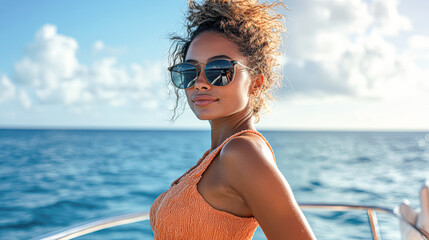 A woman wearing sunglasses and an orange dress is posing on a boat in the ocean