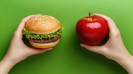 Wall Mural - A hand holding a hamburger and an apple on green background, AI