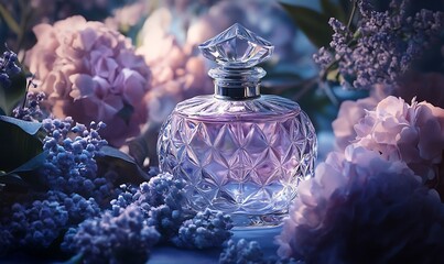 Sticker - Crystal Perfume Bottle Surrounded by Soft Pink and Purple Flowers