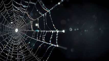  abstract background of an intricate spider web with delicate, shimmering silver threads against a dark, misty backdrop