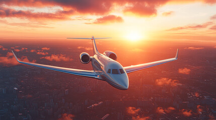 Poster - The plane is flying over a city with tall buildings and a few clouds in the sky