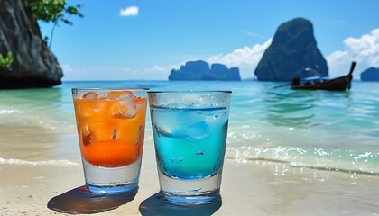 Wall Mural - On the sunny beach, two drinks were placed on the shore, accompanied by blue water and colorful boats.