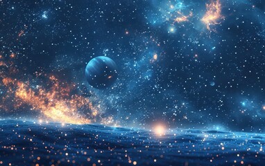 Wall Mural - A Stellar Symphony:  A cosmic landscape adorned with shimmering stars and a majestic planet