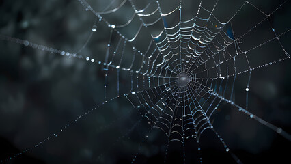  abstract background of an intricate spider web with delicate, shimmering silver threads against a dark, misty backdrop