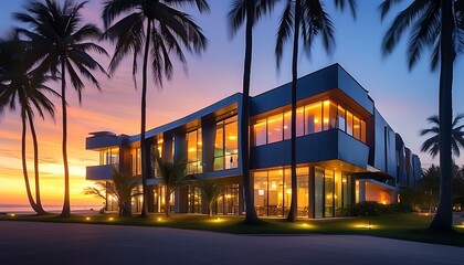 Wall Mural - At dusk, the exterior of a modern building looks very unique under the warm light, surrounded by several tall coconut trees and the sunset, creating a peaceful and pleasant atmosphere.