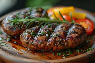 Grilled meat patties garnished with fresh herbs and vegetables on a wooden plate during a summer barbecue gathering