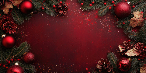 Wall Mural - Festive christmas scene with a border of tree branches, ornaments, and pine cones on a red background, enhanced by falling snow, perfect for holiday designs