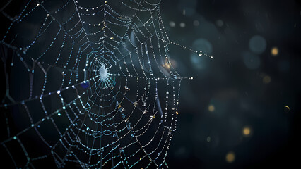  abstract background of an intricate spider web with delicate, shimmering silver threads against a dark, misty backdrop
