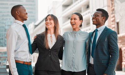 Business people, hug and happy in city for teamwork, achievement and solidarity with partnership group. Lawyer, embrace and diversity for justice, celebration and success with attorney collaboration