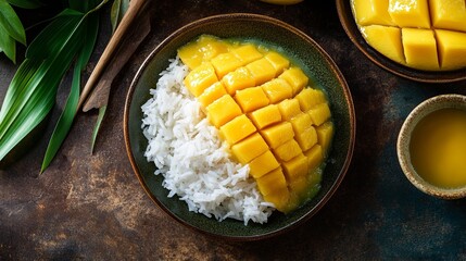 Mango sticky rice in a bowl with green leaves and mango juice.