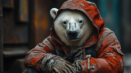 Wall Mural - A polar bear sits in a red hooded jacket, looking directly at the camera with a serious expression.