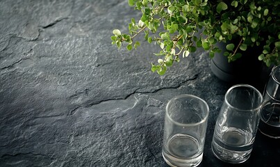 Canvas Print - Empty Glasses and Greenery on a Black Stone Surface