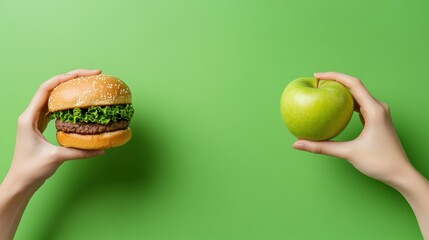 A hand holding a hamburger and an apple on green background, AI