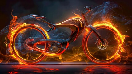 Wall Mural - futuristic bicycle with golden fire and smoke.