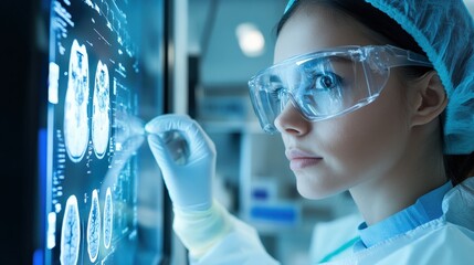 Wall Mural - Surgeon technician, a female professional, examining a kidney X-ray, with a close-up of the face wearing protective glasses and gloves