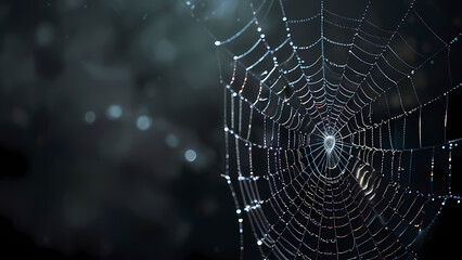 abstract background of an intricate spider web with delicate, shimmering silver threads against a dark, misty backdrop