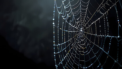  abstract background of an intricate spider web with delicate, shimmering silver threads against a dark, misty backdrop