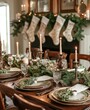 © netrun78 - A beautifully arranged dining table with candles, festive decorations, and greenery, creating a warm atmosphere for a holiday celebration.