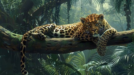 Leopard Resting on a Branch in a Lush Jungle