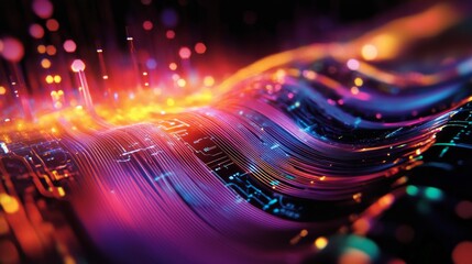 Fototapete - Colorful electric waves spreading across a circuit board, illustrating the power and complexity of electronic devices in modern technology.