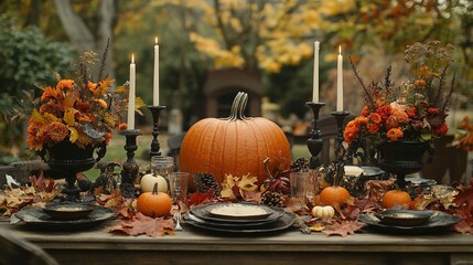 Wall Mural - Autumn nature concept. Fall pumpkins and apples on wooden rustic table. Thanksgiving dinner