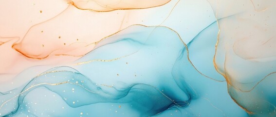 Poster - abstract background with watercolor shapes and golden lines, in the style of beige and blue pastel c