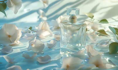 Poster - Glass Perfume Bottle Surrounded by White Flower Petals on Blue Surface