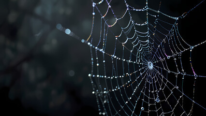  abstract background of an intricate spider web with delicate, shimmering silver threads against a dark, misty backdrop
