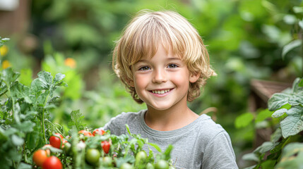 Wall Mural - A young boy is smiling and holding a bunch of tomatoes