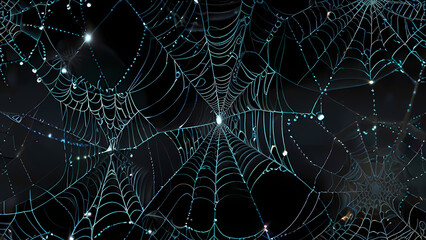  abstract background of an intricate spider web with delicate, shimmering silver threads against a dark, misty backdrop