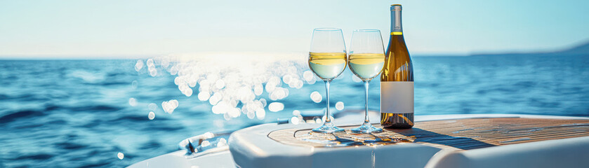 A bottle of wine and two wine glasses are on a table on a boat in the ocean