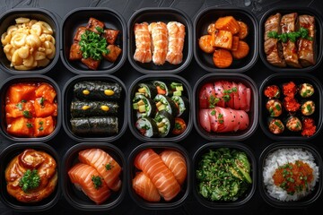 Wall Mural - A colorful assortment of sushi, sashimi, and side dishes arranged neatly in black containers on a dark surface