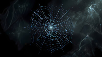  abstract background of an intricate spider web with delicate, shimmering silver threads against a dark, misty backdrop